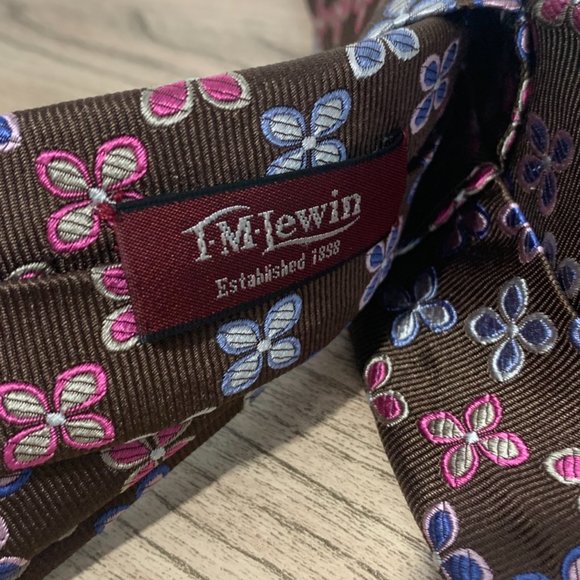 TM LEWIN Brown Blue Pink Floral Silk Neck Tie - Picture 6 of 8